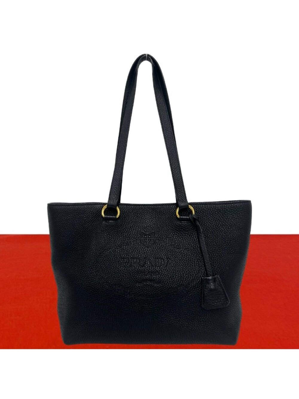 Prada Embossed Logo Leather Tote Shoulder Bag Business Black
